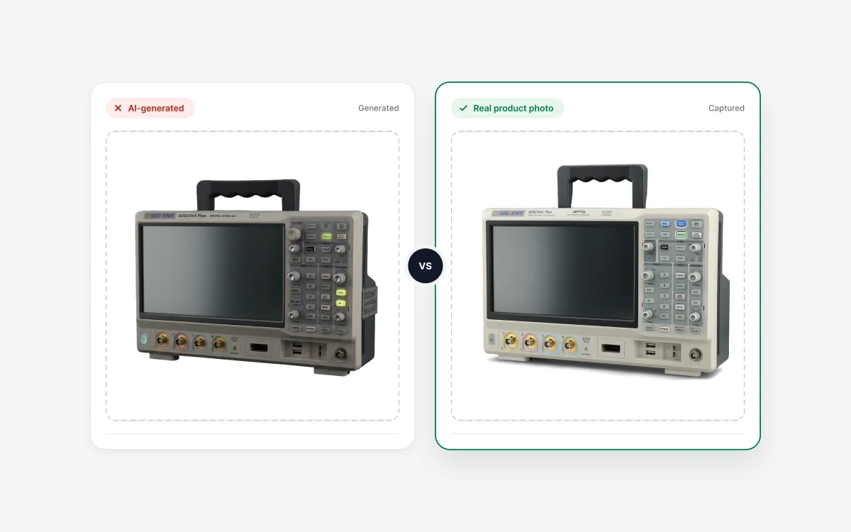 Image générée par IA et photo réelle du même oscilloscope, côte à côte
