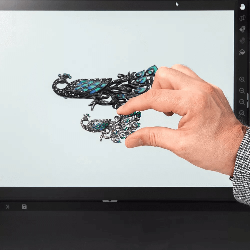 Main tenant des bijoux devant un écran avec le logiciel Orbitvu