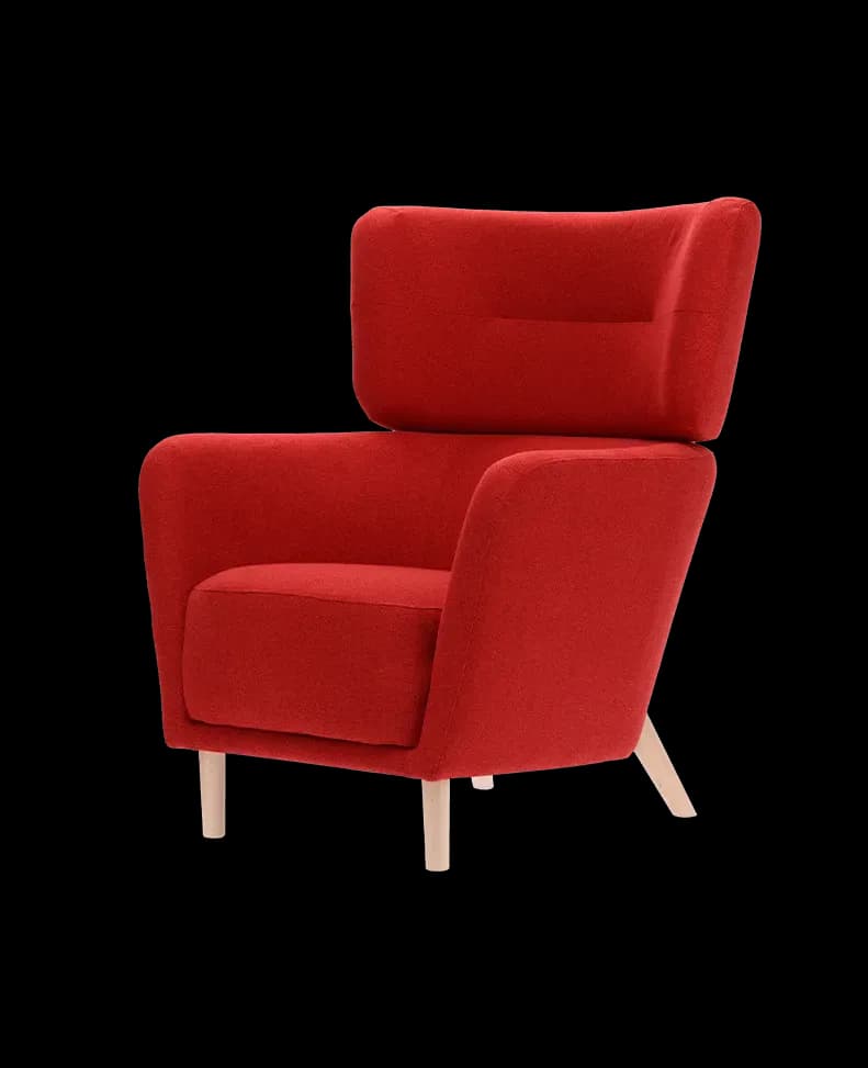 Fauteuil moderne rouge à dossier oreilles avec pieds en bois