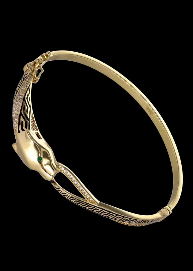Bracelet jonc tête de panthère dorée avec yeux verts, diamants et émail