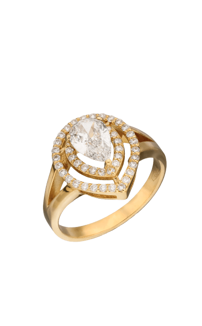 Bague halo en or jaune avec diamant taille poire