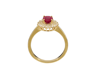 Bague halo en or jaune avec diamant et rubis ovale