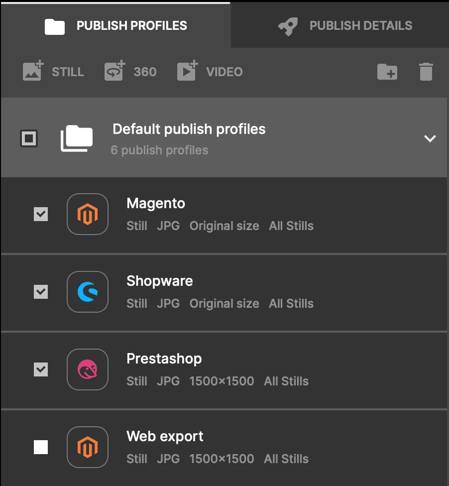 Profils de publication d’Orbitvu Station pour Magento, Shopware et PrestaShop