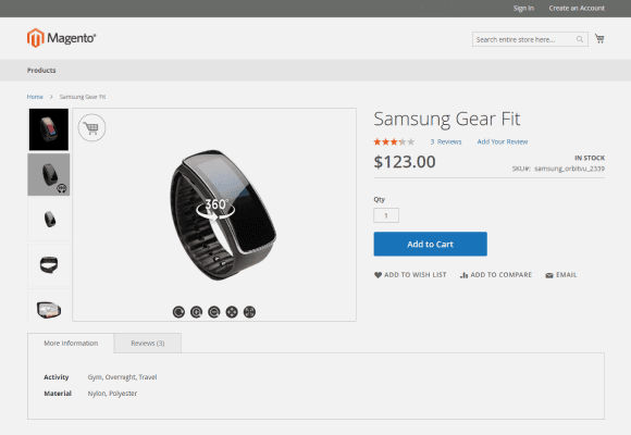 Page produit Samsung Gear Fit avec vue 360° sur Magento