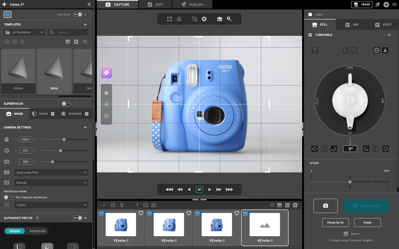 Interface du logiciel de photographie produit Orbitvu Station