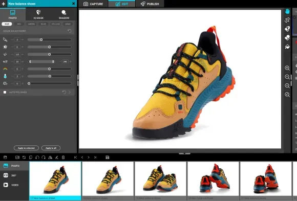 Interface de retouche d'image pour les chaussures de trail New Balance jaunes