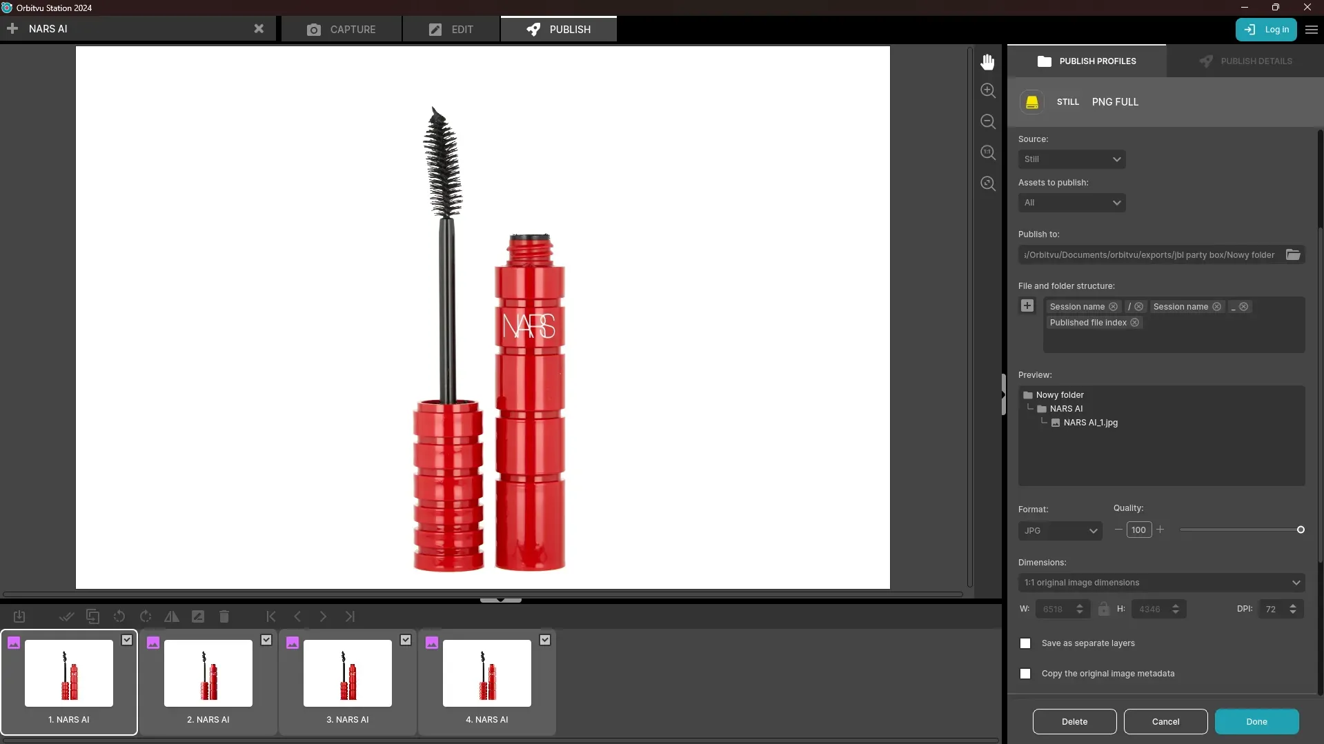 Paramètres d'exportation photo du mascara NARS dans le logiciel de photographie de produits