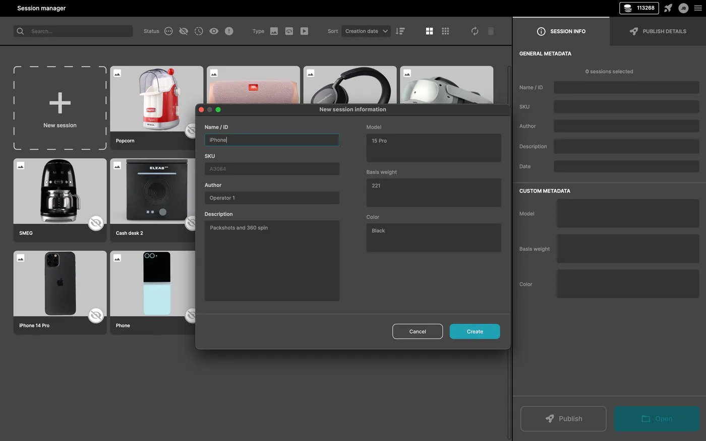 Gestionnaire de session d’Orbitvu Station avec une nouvelle session produit