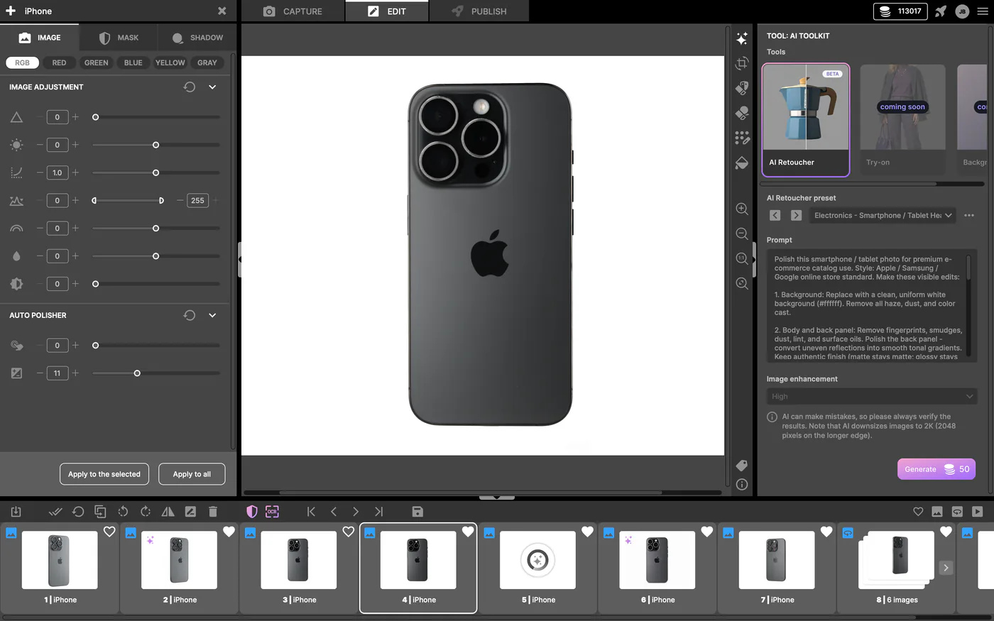 Outils de retouche d’images d’Orbitvu Station avec AI Retoucher