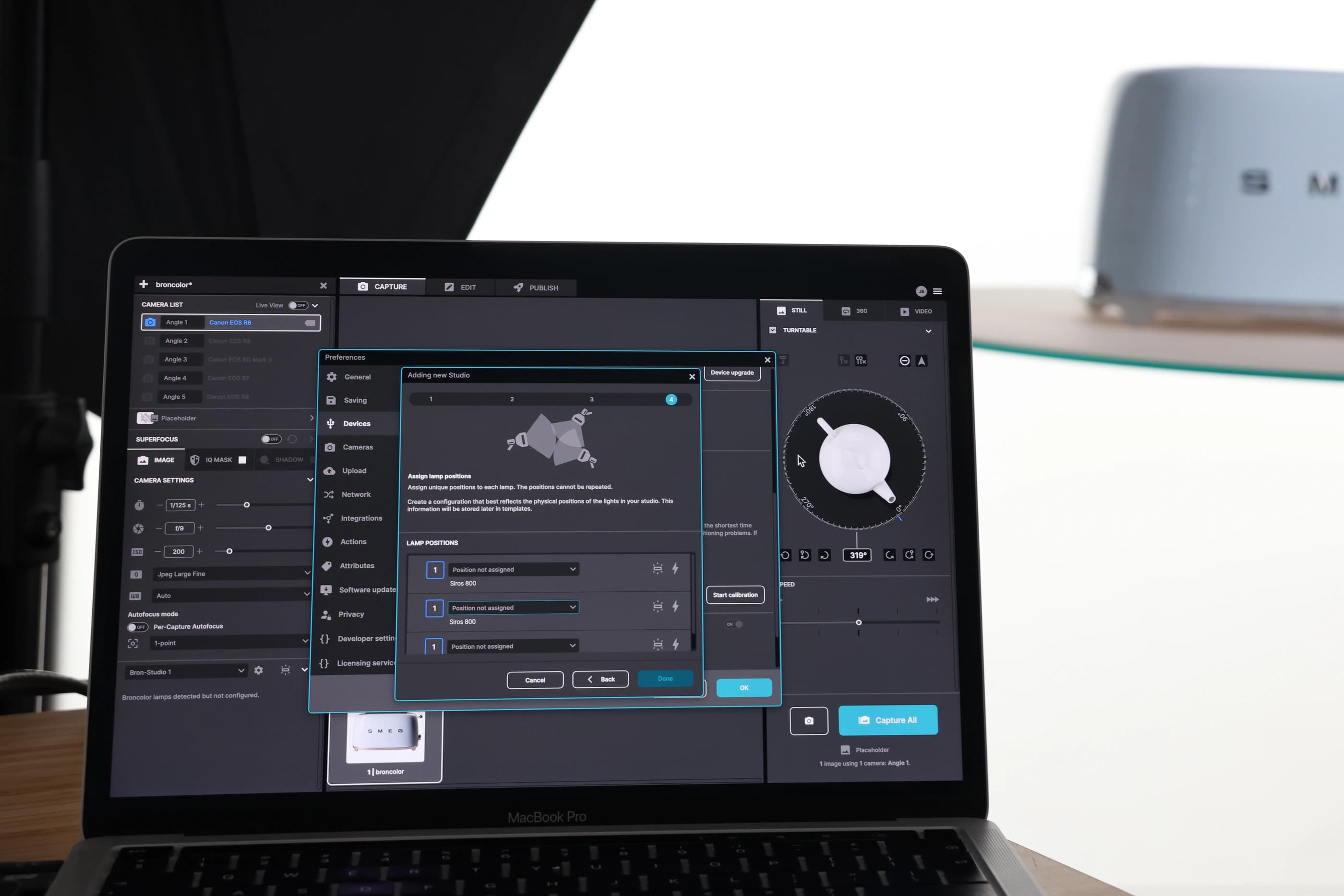 Aperçu du contrôle de l'éclairage du studio dans Orbitvu Station
