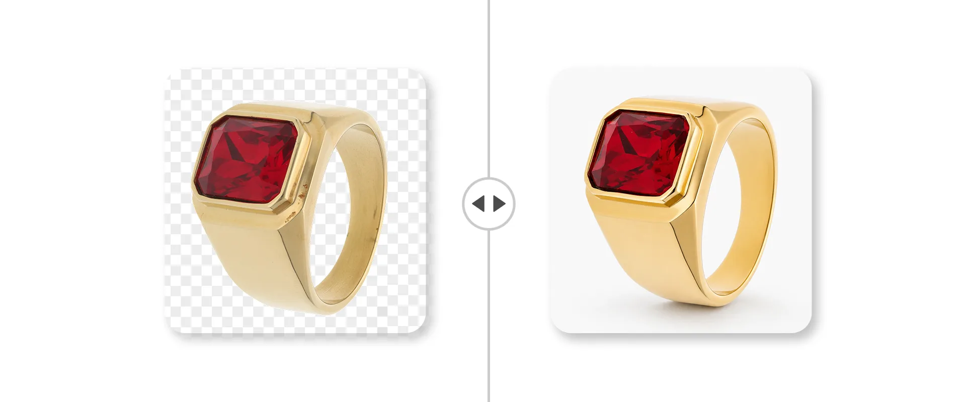 AI Retoucher avant et après : une chevalière en or ornée d'une pierre rouge, nettoyée automatiquement
