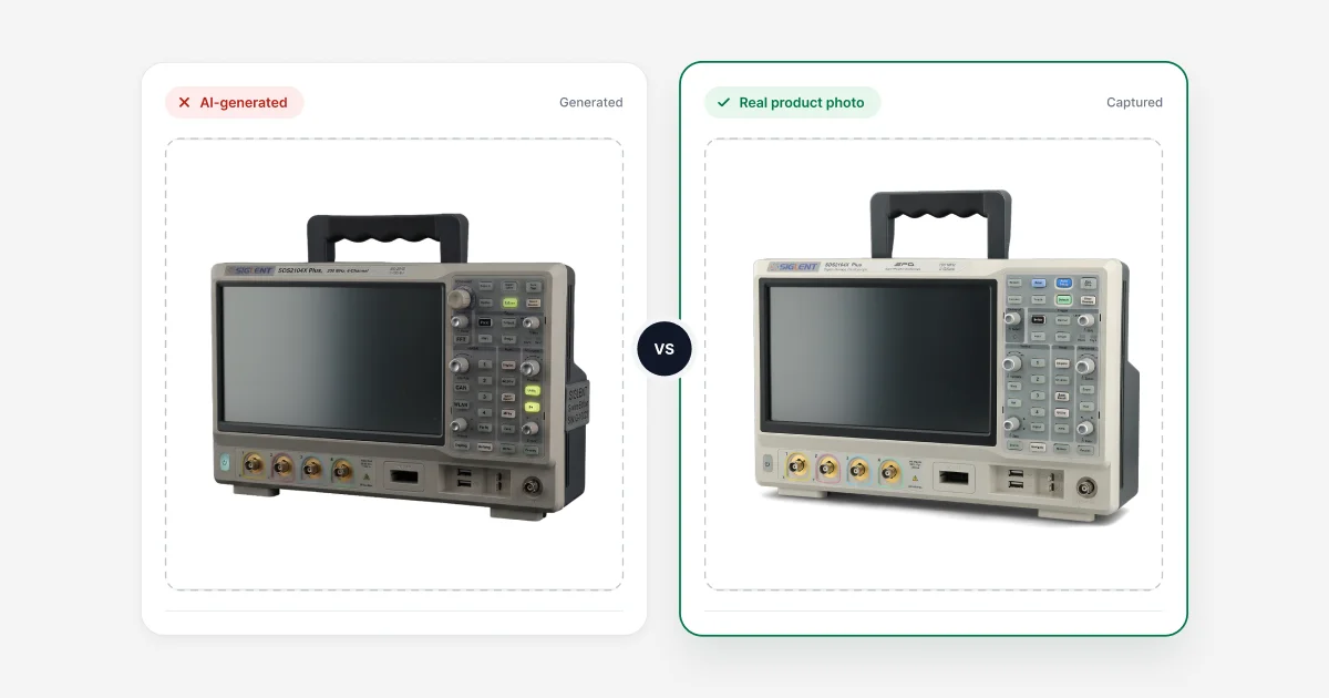 Image générée par IA et photo réelle du même oscilloscope, côte à côte