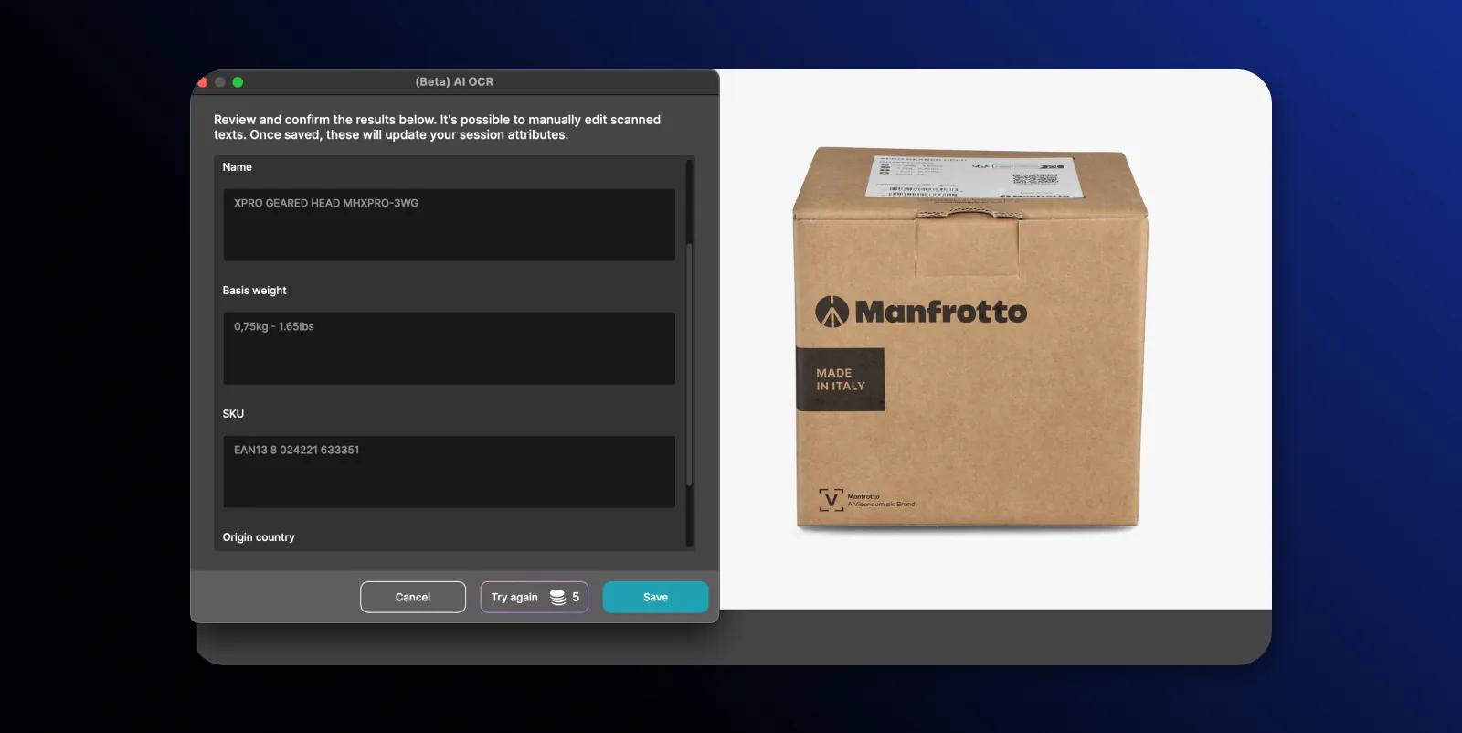 AI OCR extrayant le nom du produit, le poids, le SKU et le pays d'origine d'un emballage carton dans Orbitvu Station