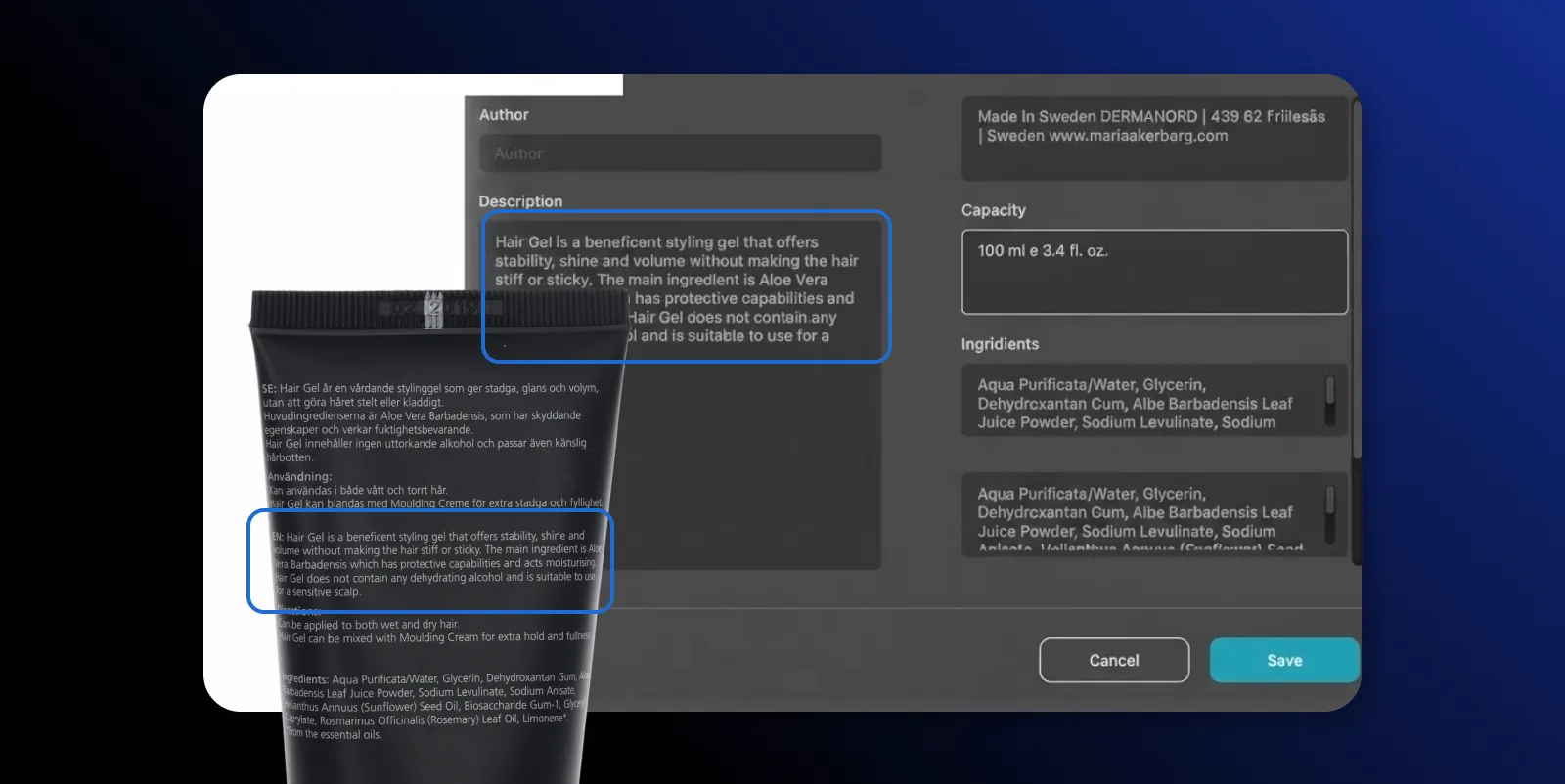 AI OCR extrayant la description du produit et la contenance d'une étiquette produit dans Orbitvu Station